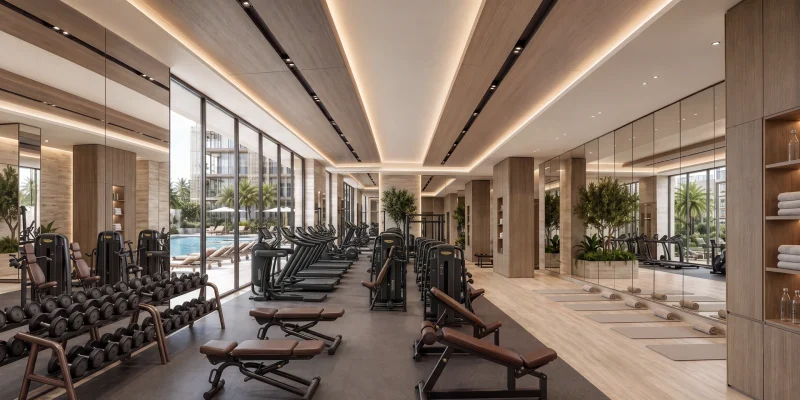 The residents' pool level at Richmond Residences at dusk