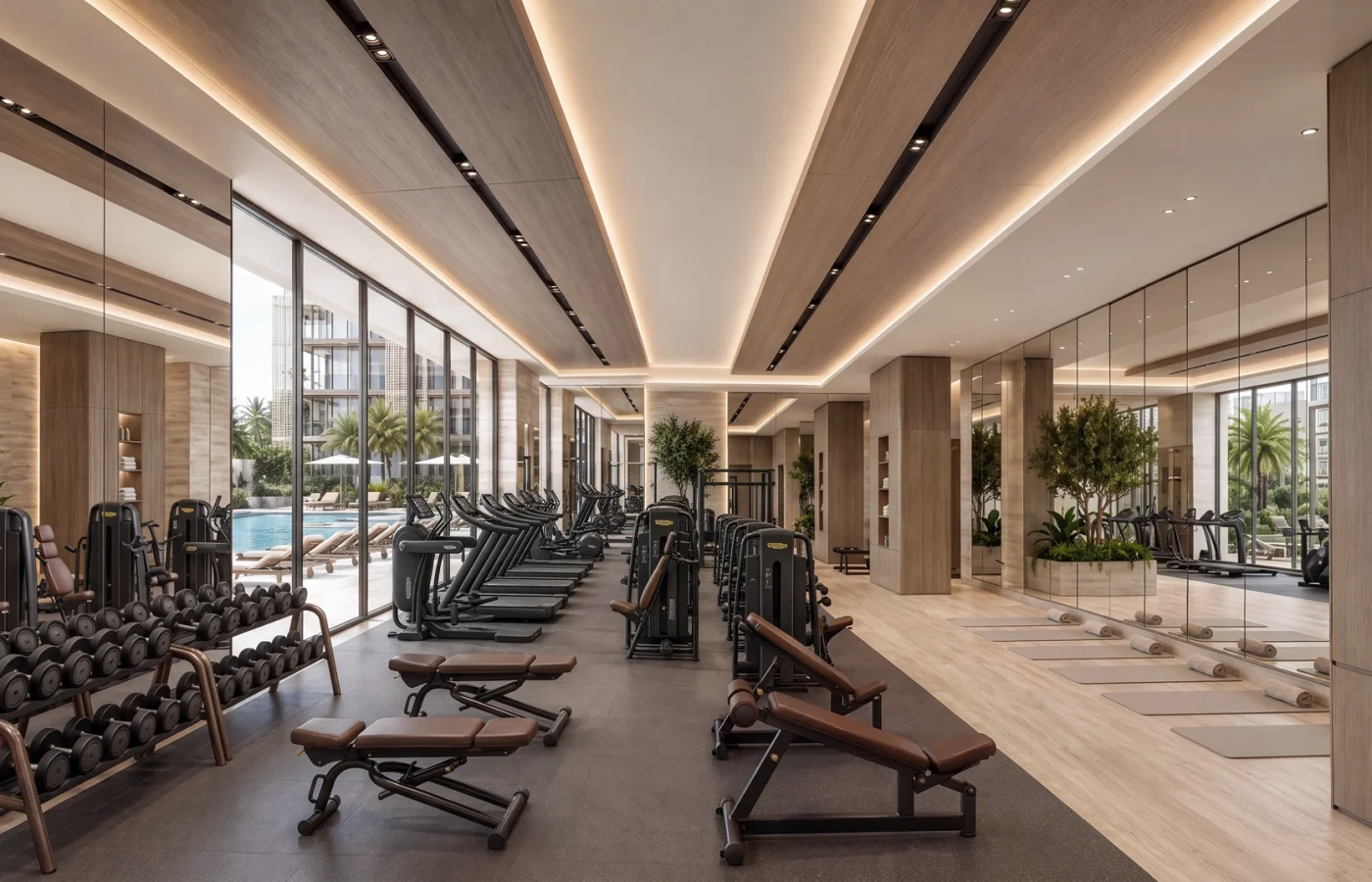 The residents' pool level at Richmond Residences at dusk