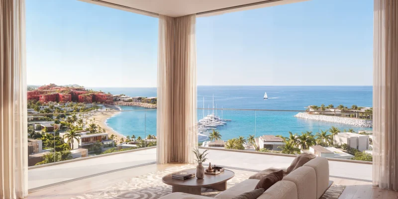 A John Richmond furnished living room at Richmond Residences at sunset