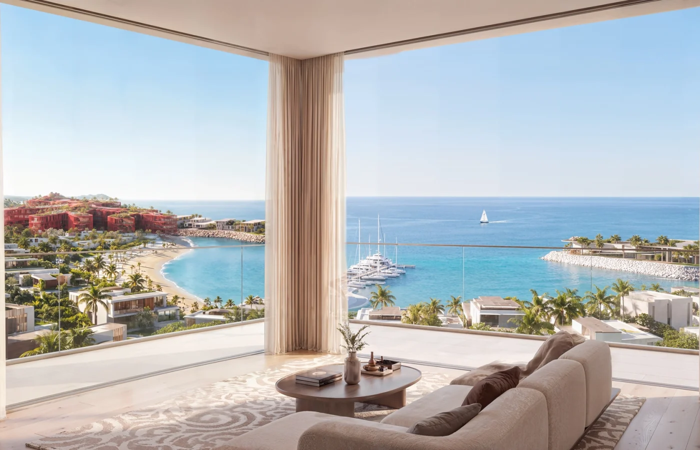 A John Richmond furnished living room at Richmond Residences at sunset