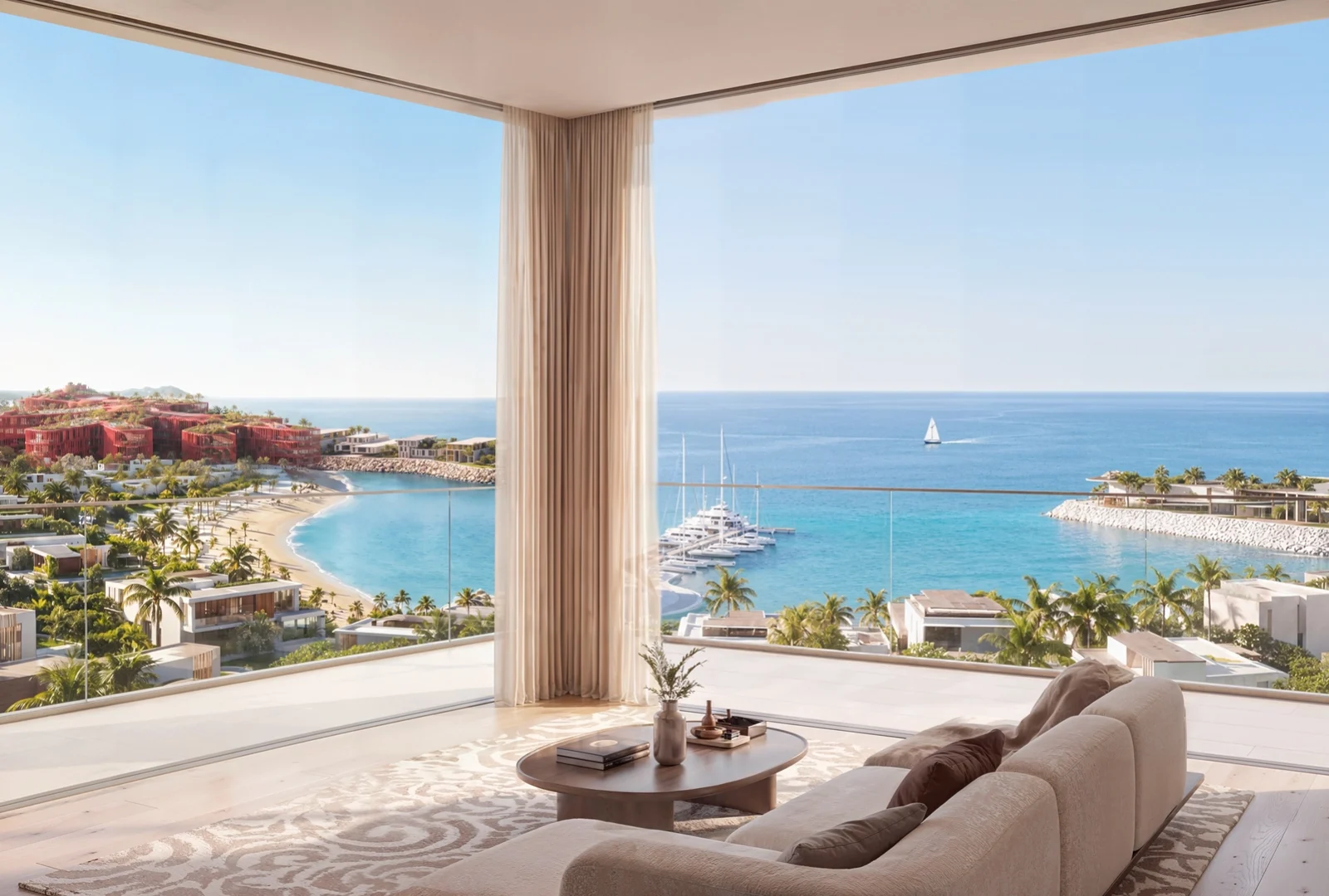 A John Richmond furnished living room at Richmond Residences at sunset