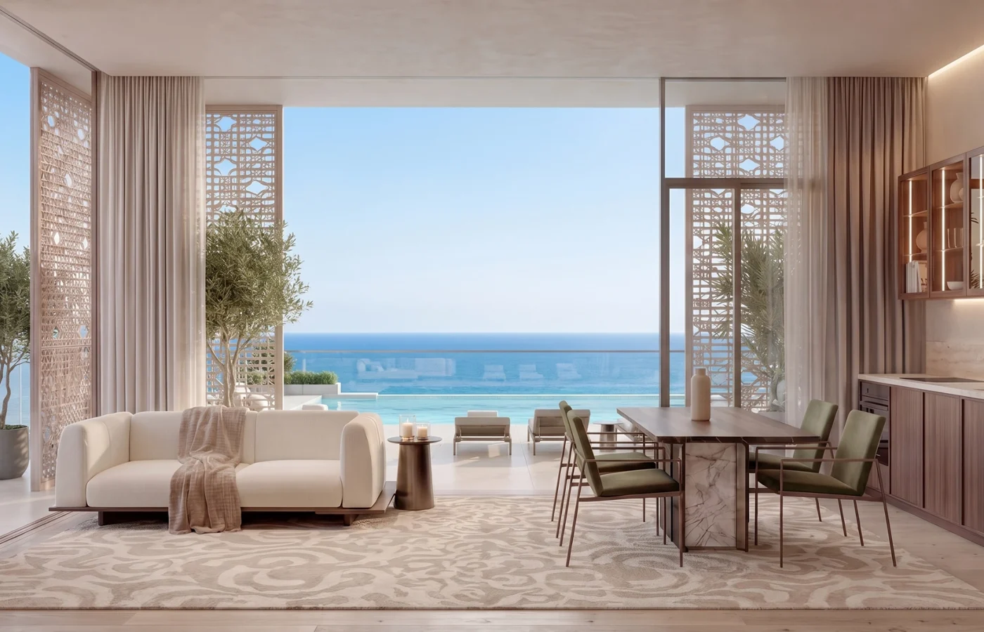 A John Richmond living room at Richmond Residences, the bay beyond the glazing