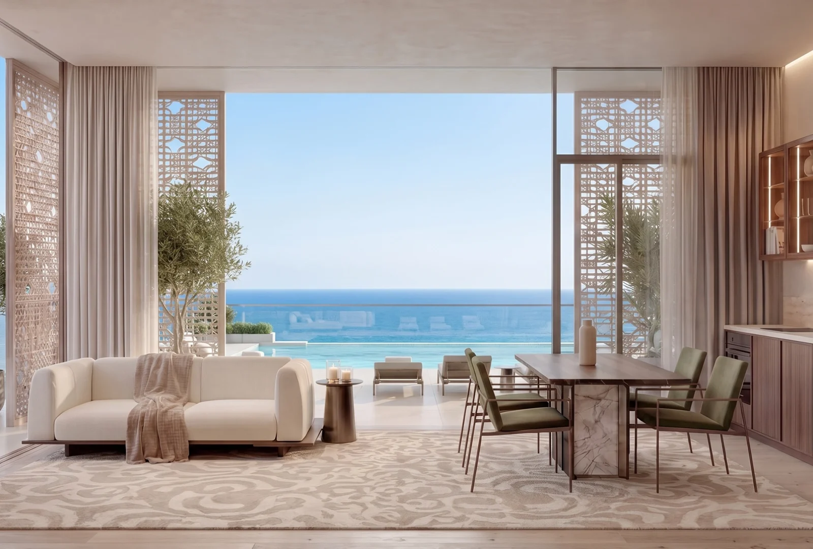 A John Richmond living room at Richmond Residences, the bay beyond the glazing
